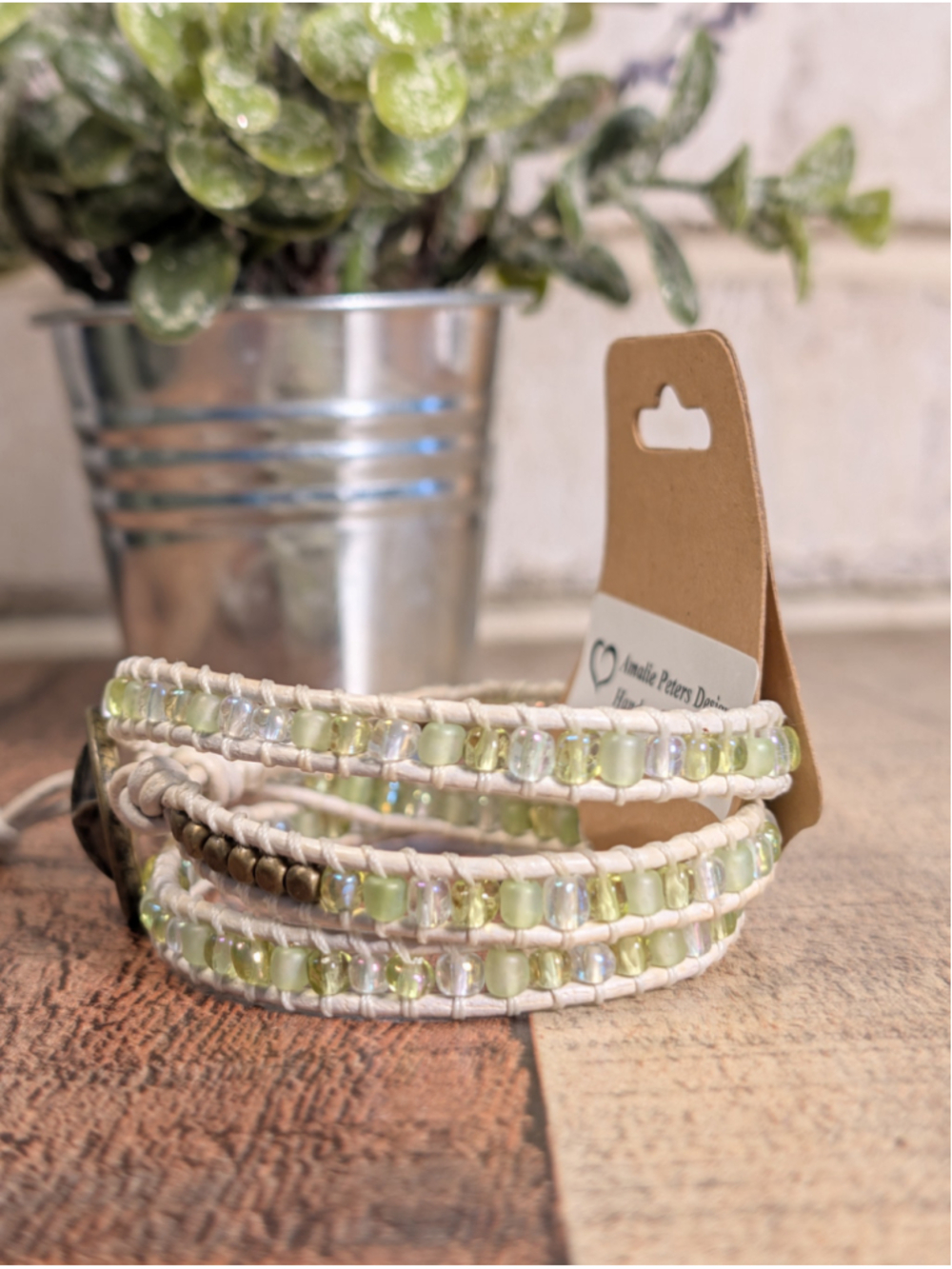 NEW Artisan Boho Triple Wrap Green Beaded White Knotted Leather Button Bracelet - Picture 2 of 4